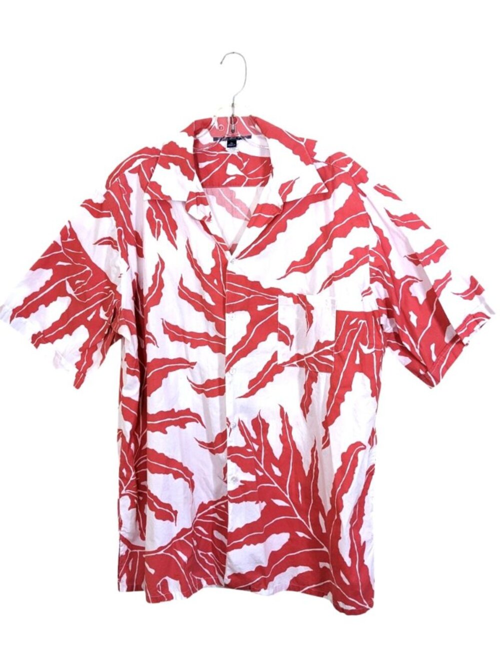 BAHAMA HAND PRINTS Mens XL Button Up Shirt Cotton White Orange Leaf Print Tropic